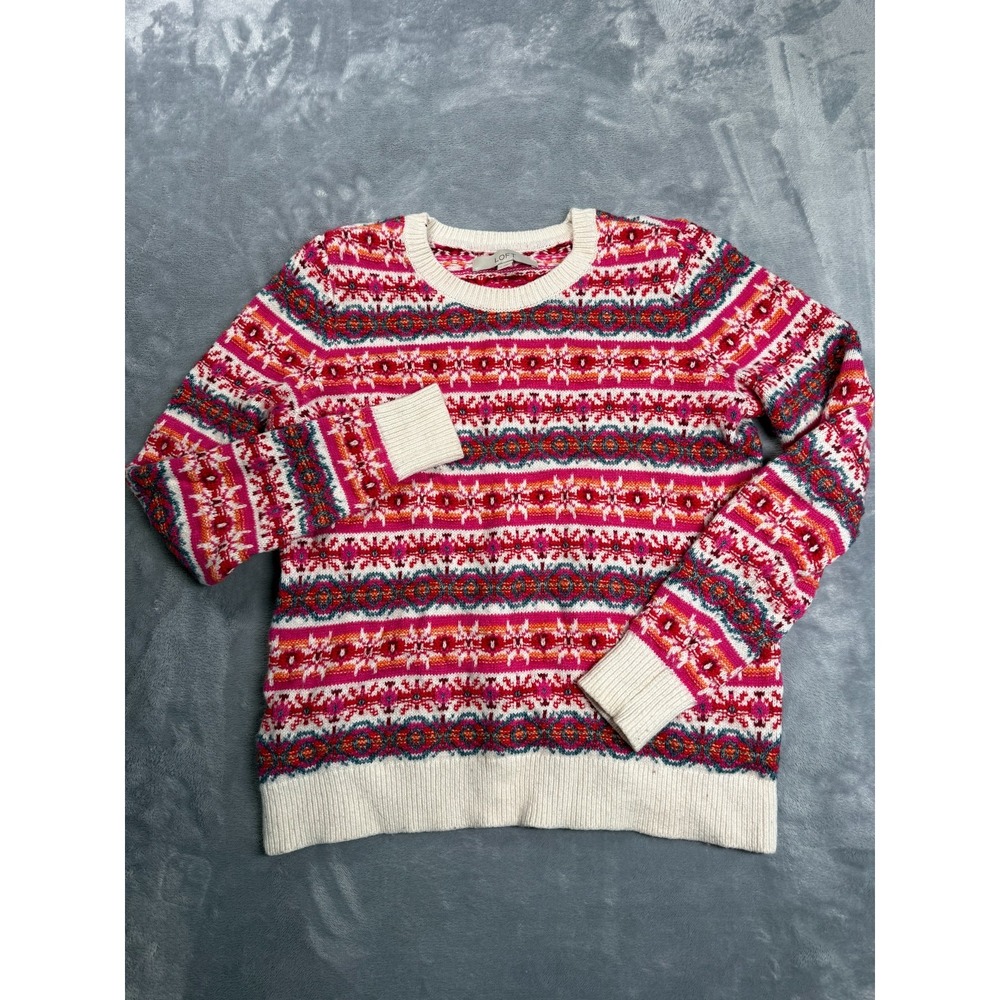 LOFT Fair Isle Sweater Womens Small Multicolor Crew Neck Ribbed Hem Pullover